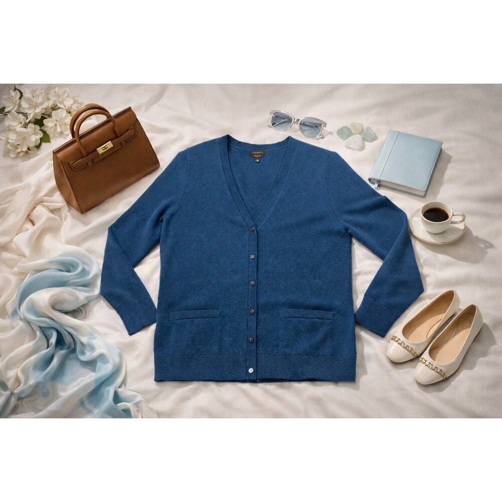 Talbots Pure Cashmere Blue Button Cardigan | V-Neck Tight-Knit | M Long Sleeve